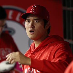 Los Angeles Angels two-way player Shohei Ohtani (17) in the dugout during the game against the Oakland Athletics.