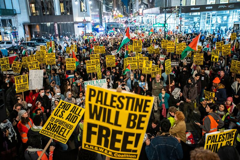 Pro-Palestinian activists protest outside the New York Public Library for a cease-fire in Gaza, on Nov. 17, 2023 in New York City.