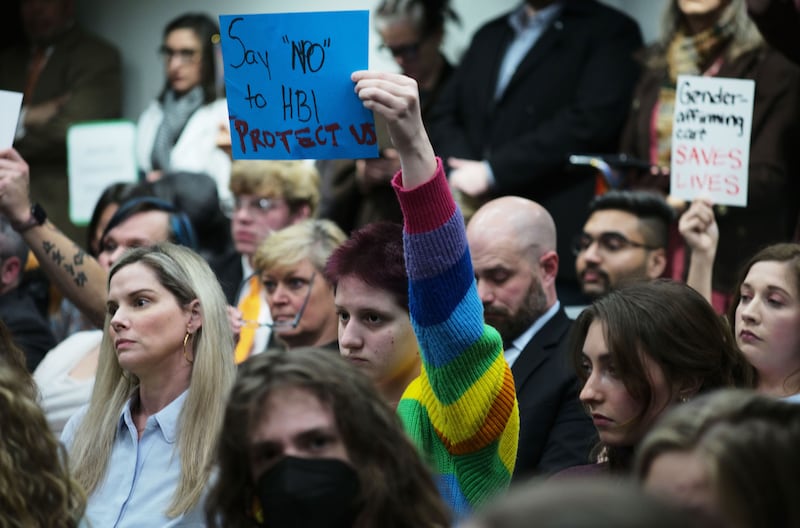 A photograph of Transgender rights activist Eli Givens raising a sign in opposition of HB1 in the TN House Health subcommittee. January 31, 2023. 