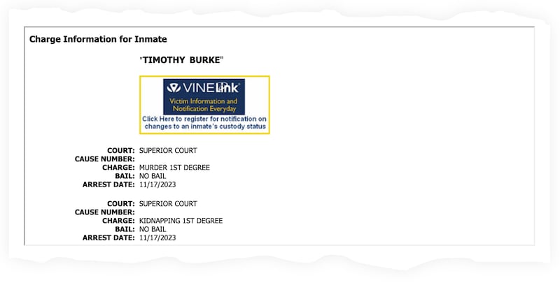 A screenshot of the Thurston County, Washington jail roster, showing Timothy Burke’s name on it as an inmate.