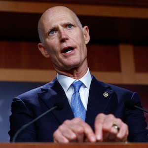 Senator Rick Scott (R-FL) calls for the rescinding of the COVID-19 mandate for U.S. military during a news conference about the National Defense Authorization Act, on Capitol Hill in Washington, DC. 