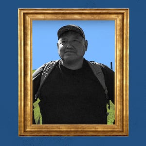 Photo illustration of Raymond Mattia in a gold frame on a blue background