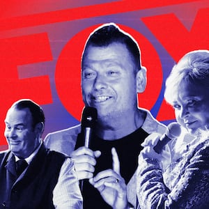 A photo illustration showing Jimmy Failla, Roseanne Barr and a still from A History of the World in Six Glasses over a Fox Nation logo.