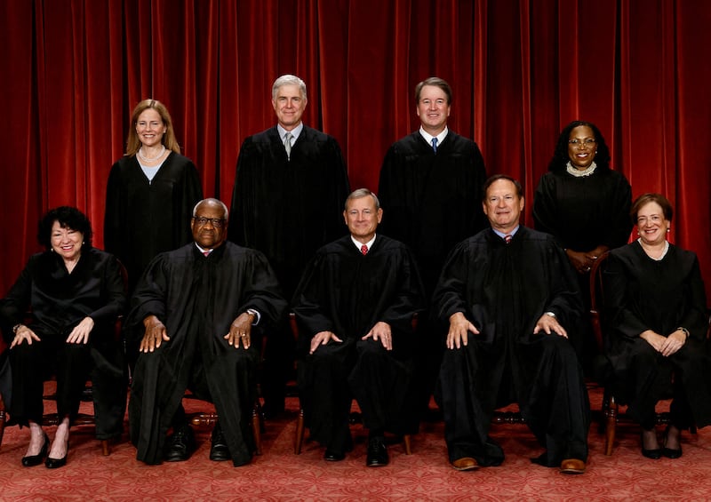 U.S. Supreme Court justices, October 7, 2022. Seated: Justices Sonia Sotomayor, Clarence Thomas, Chief Justice John G. Roberts, Jr., Samuel A. Alito, Jr. and Elena Kagan. Standing: Justices Amy Coney Barrett, Neil M. Gorsuch, Brett M. Kavanaugh and Ketanji Brown Jackson.