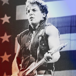 A photo illustration showing Bruce Springsteen performing circa 1985.