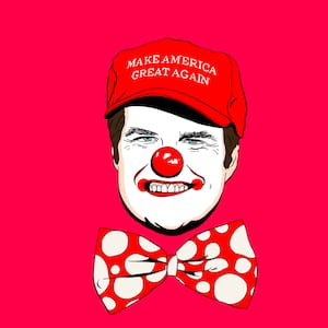 Illustration of Matt Gaetz wearing a MAGA hat and clown makeup