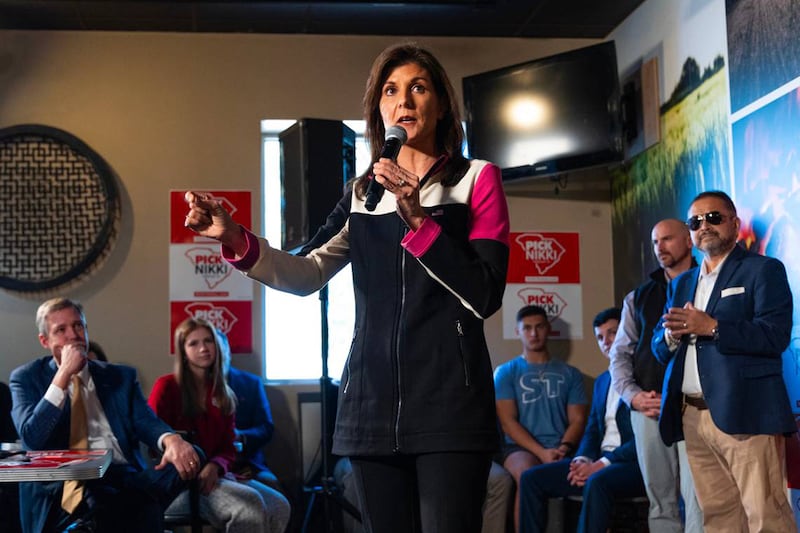 Primary candidate and former South Carolina governor Nikki Haley speaking to supporters.