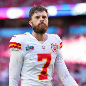 Harrison Butker #7 of the Kansas City Chiefs warms up before the game against the Philadelphia Eagles prior to Super Bowl LVII at State Farm Stadium on February 12, 2023 in Glendale, Arizona. 