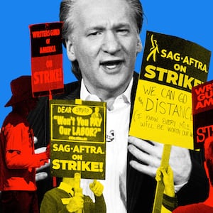 Photo illustration of Bill Maher collaged with protesters from the Writer’s Guild of America and SAG-AFTRA strikes.