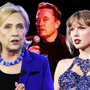 A photo illustration of Hillary Clinton, Elon Musk, and Taylor Swift