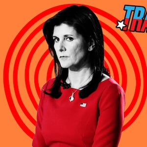 A photo illustration of Nikki Haley on a red background. 