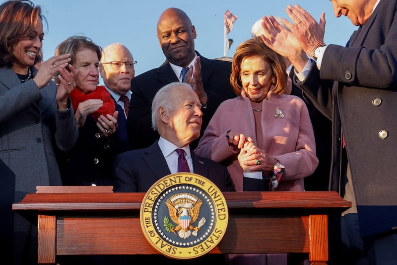 President Joe Biden, then-House Speaker Nancy Pelosi (D-CA) and Senate Majority Leader Chuck Schumer (D-NY) 