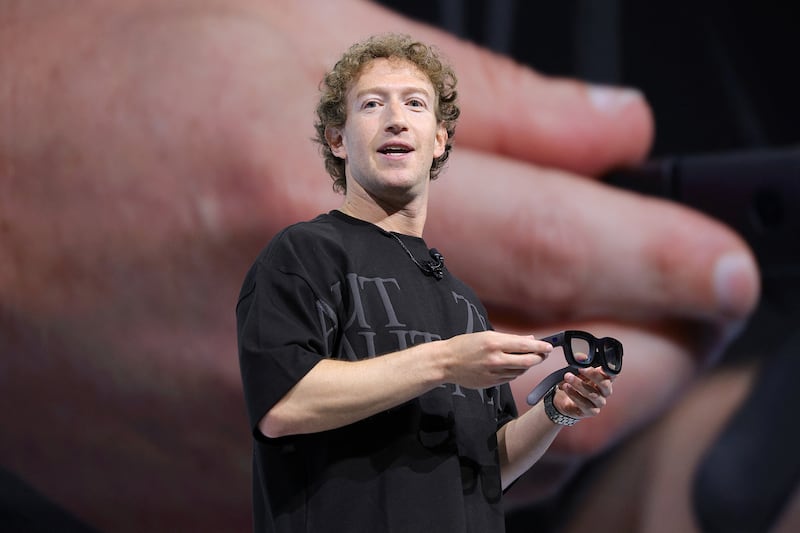 Mark Zuckerberg presents Orion AR glasses at the Meta Connect annual event at the company's headquarters in Menlo Park, California, on Sept. 25, 2024.