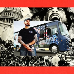  A photo illustration of Joshua Macias in front of a bus emblazoned in an American flag from a Take Back our Border rally. Behind them are black and white pictures from the January 6 insurrection.