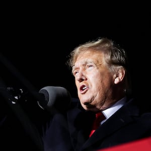 Former U.S. President Donald Trump speaks during a rally in Commerce, Georgia.