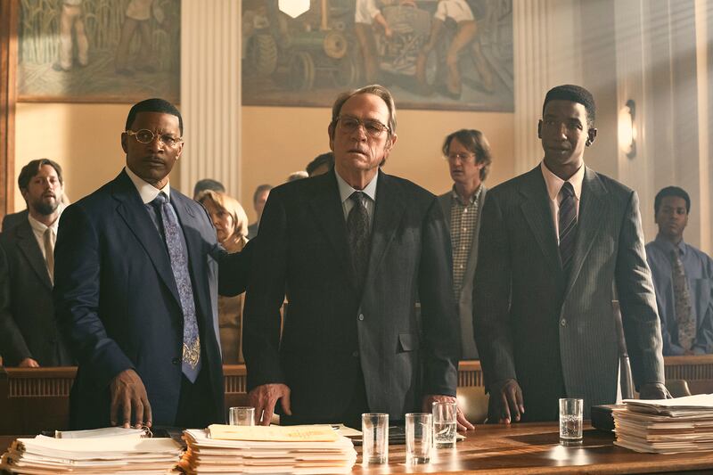 "Jamie Foxx, Pamela Reed, Tommy Lee Jones, and Mamoudou Athie in The Burial.