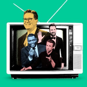 A photo illustration of Stephen Colbert, Jordan Klepper, Seth Meyers, and Michael Che inside of a TV