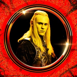 A photo illustration of Charlie Vickers as Sauron on Rings of Power.