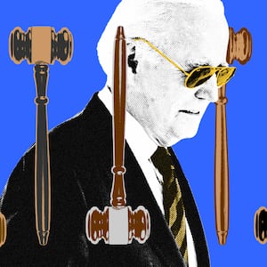 A photo illustration of Joe Biden with gavels of different shades of colors surrounding him