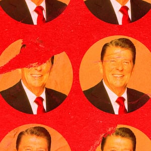 A photo illustration of peeling pictures of President Ronald Reagan.