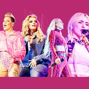 A photo composite of Pink, Ava Max, Bebe Rexha, and Kelsea Ballerini performing