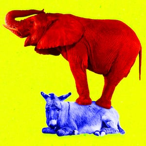 A photo illustration of an elephant standing on top of a donkey.