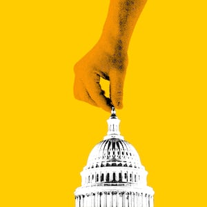 A photo illustration of the U.S. Capitol being plucked by an orange hand.