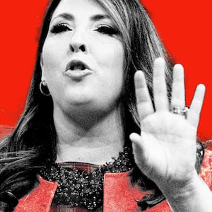 Photo illustration of Ronna McDaniel on a red background