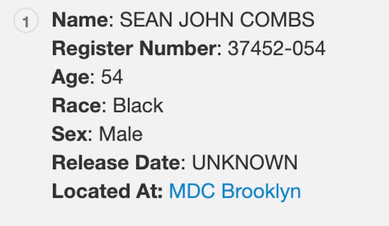 A screenshot of Sean Diddy Combs information in the Federal Bureau of Prisons