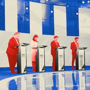 Photo illustration of Chris Christie, Vivek Ramaswamy, Nikki Haley, and Ron DeSantis at the GOP Presidential Debate