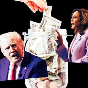 A photo illustration of a tip jar, Kamala Harris, and Donald trump.