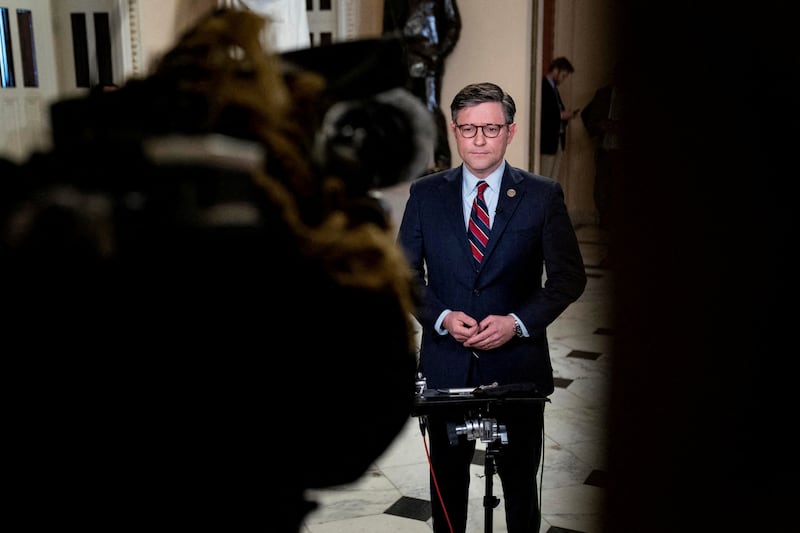 Speaker Mike Johnson (R-LA) speaks during a television interview near the House floor.