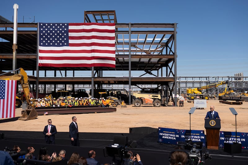 President Joe Biden gives a speech at Intel Ocotillo Campus in Arizona.