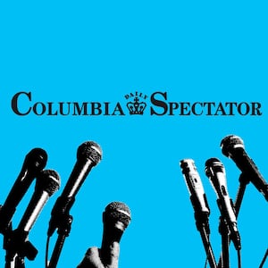 A photo illustration of the Columbia Spectator logo in front of microphones