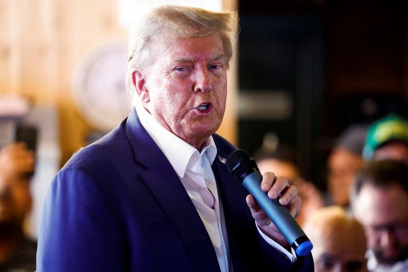 Republican presidential candidate and former U.S. President Donald Trump speaks as he campaigns at the Iowa State Fair in Des Moines, Iowa