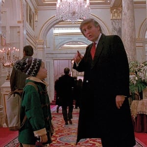 Donald Trump points with Macaulay Culkin in a still from Home Alone 2