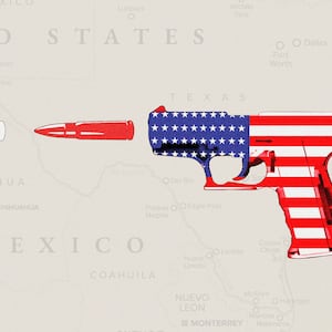 A photo illustration showing a gun with the U.S.A. flag shooting bullets that are the colors of the Mexico flag.