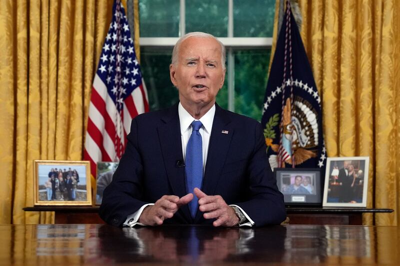 U.S. President Joe Biden speaks from the Oval Office of the White House on July 24, 2024 in Washington, DC.  