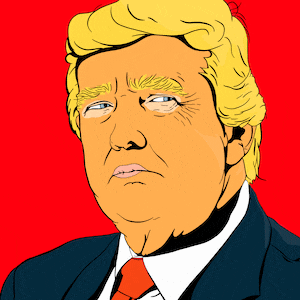 Illustrated gif of Donald Trump with his eyes going side to side.