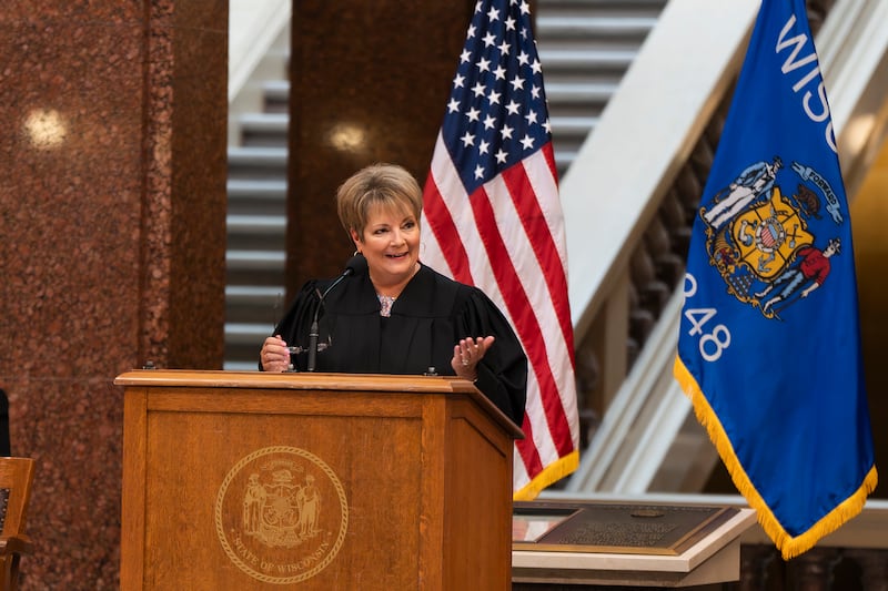 Janet Protasiewicz, 60, speaks during her swearing in ceremony State Supreme Court Justice at the Wisconsin Capitol.