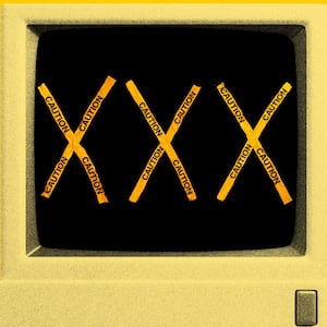 Photo illustration of an old computer with "XXX" across the screen made from caution tape