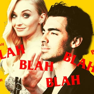 Photo illustration of Joe Jonas and Sophie Turner with “blah blah blah” collaged over them on a yellow background