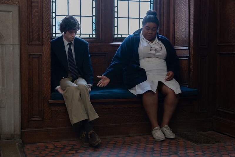 Da’Vine Joy Randolph and Dominic Sessa holding hands in a still from ‘The Holdovers’