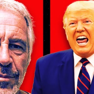 A photo illustration of Jeffrey Epstein's mugshot and Donald Trump.