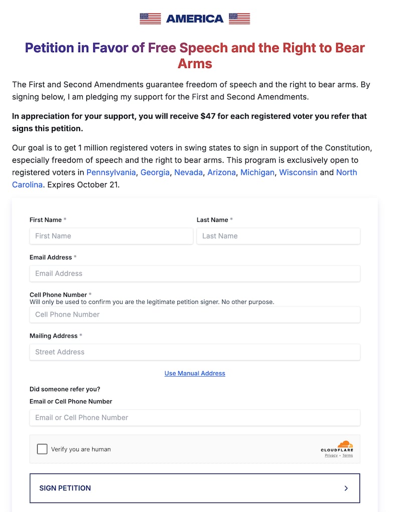 A petition from America PAC urges voters to hand over personal information while declaring their support for the First and Second Amendments.