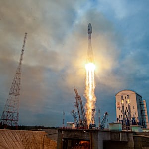 The lunar landing spacecraft Luna-25 blasts off from a launchpad. 