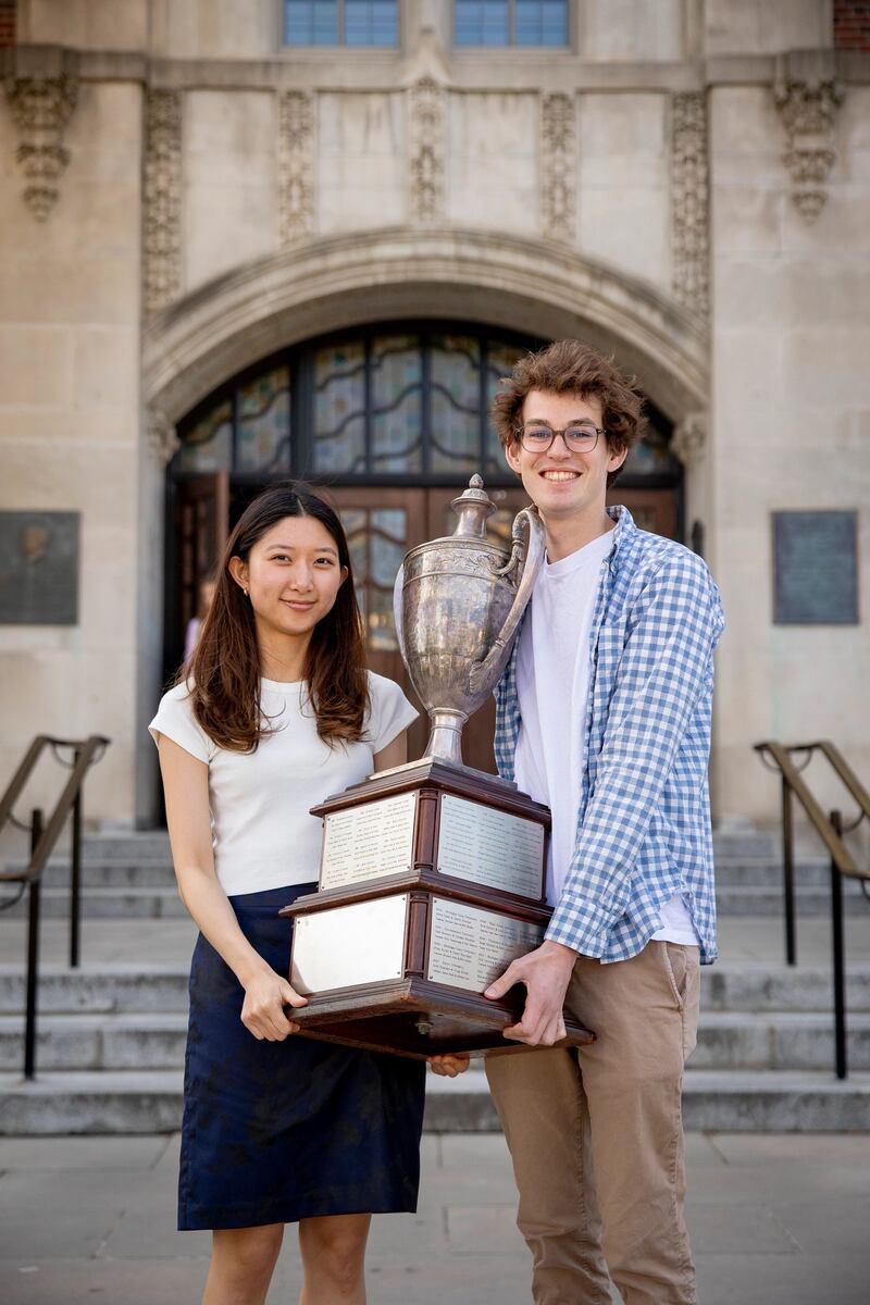 Kelly Phil and Bennett Dombcik, University of Michigan debate winners.