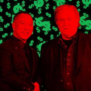 A photo illustration of Chinese mogul Guo Wengui and Steve Bannon and dollar signs.