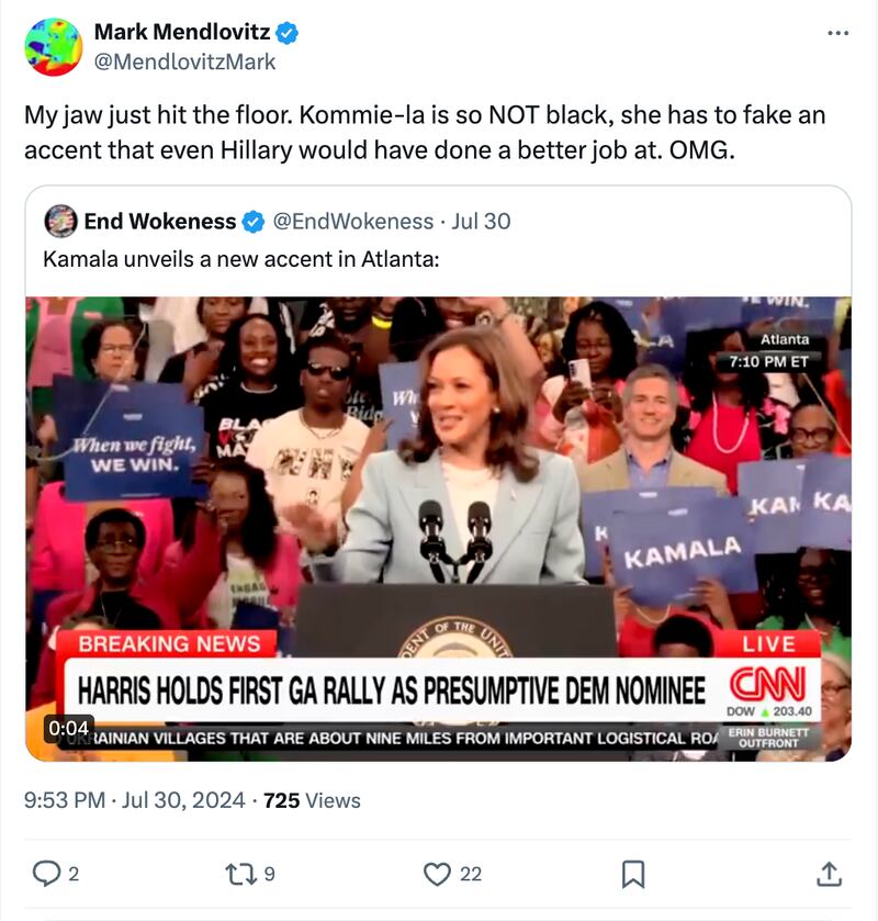 A tweet shared by the pro-Trump activist and self-identified journalist Mark Mendlovitz on X, the social media platform formerly known as Twitter, misidentifying Kamala Harris’ race.