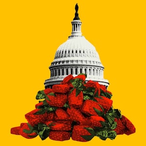 Photo illustration of the US Capitol Building with strawberry candies piled up in front